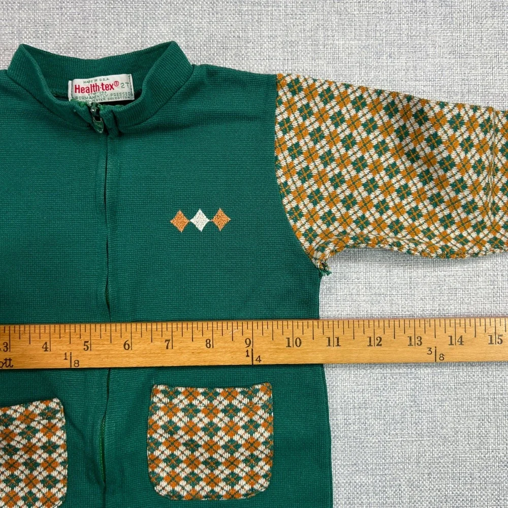 Vintage 70s Health-tex Argyle Knit Jumpsuit Toddler 2T Green Retro Playsuit‎